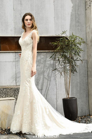 Charming V-Neck Floral Lace Mermaid Bridal Gown Sleeveless Sain Dress For Bride