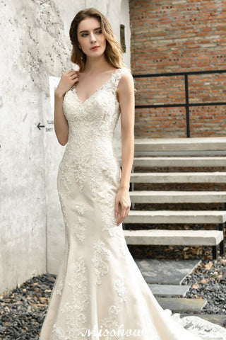 Charming V-Neck Floral Lace Mermaid Bridal Gown Sleeveless Sain Dress For Bride