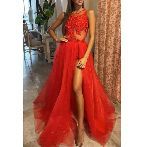 Vestido de fiesta con falda desmontable y apliques elegantes con abertura 