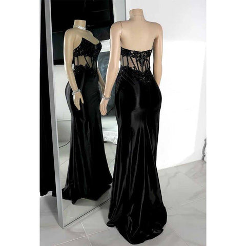 Vestido de noche elegante con escote barco, apliques de cuentas, ilusión y abertura lateral 