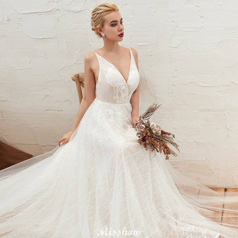 Chic Deep V-Neck White Tulle Princess Open Back Wedding Dress with Court Train