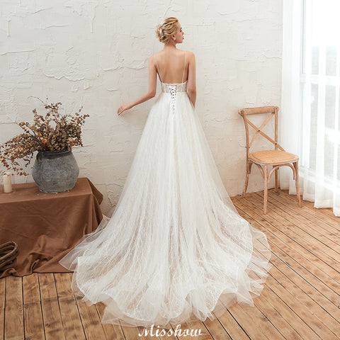 Chic Deep V-Neck White Tulle Princess Open Back Wedding Dress with Court Train