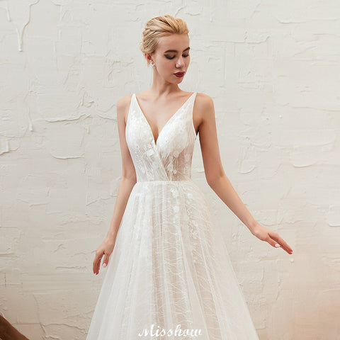 Chic Deep V-Neck White Tulle Princess Open Back Wedding Dress with Court Train