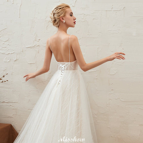 Chic Deep V-Neck White Tulle Princess Open Back Wedding Dress with Court Train
