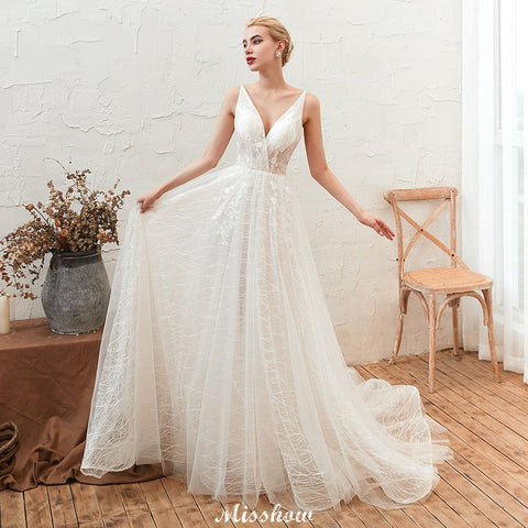 Chic Deep V-Neck White Tulle Princess Open Back Wedding Dress with Court Train