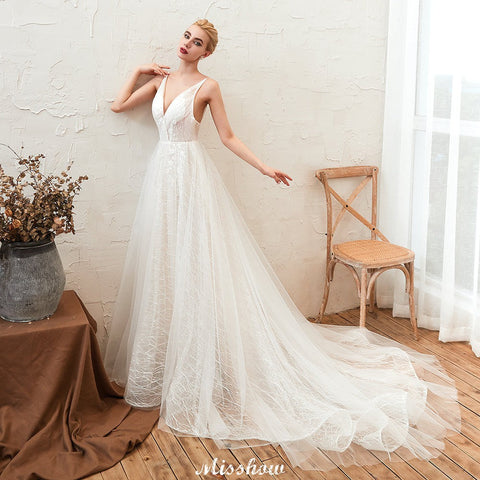Chic Deep V-Neck White Tulle Princess Open Back Wedding Dress with Court Train