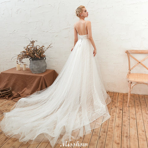 Chic Deep V-Neck White Tulle Princess Open Back Wedding Dress with Court Train