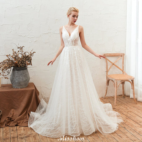 Chic Deep V-Neck White Tulle Princess Open Back Wedding Dress with Court Train