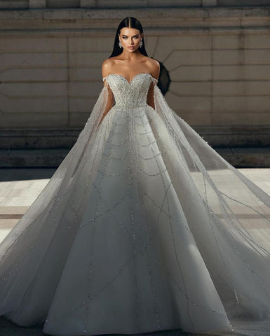 Chic Floor Length Sweetheart Off-The-Shoulder A-Line Sequined Wedding Dress
