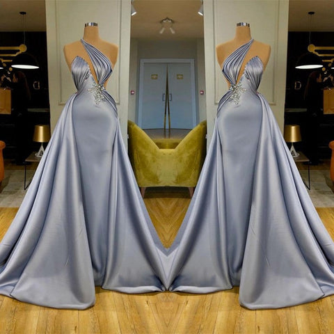 Robe de soirée longue chic à col halter avec jupe amovible et perles