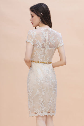 Chic Jewel Tulle Lace Beadings Mother of Bride Dress with Short Sleeves Online
