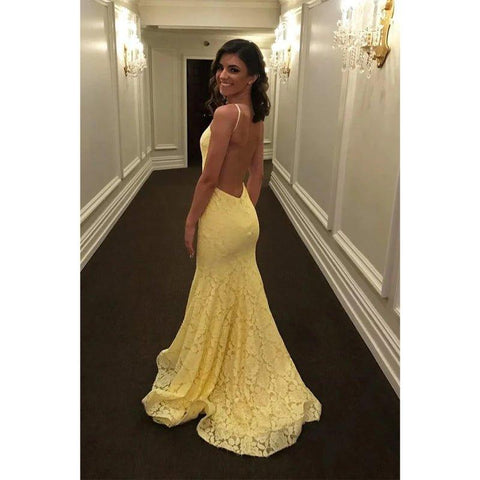 Elegante vestido de fiesta de sirena con encaje amarillo y joya, sin espalda, vestidos de noche formales 