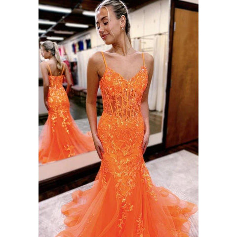 Vestido elegante de sirena para fiesta de noche, graduación y baile de graduación con escote en V y apliques de encaje