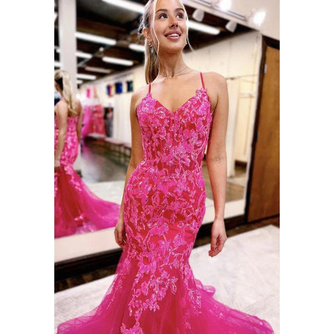 Vestido elegante de sirena para fiesta de noche, graduación y baile de graduación con escote en V y apliques de encaje