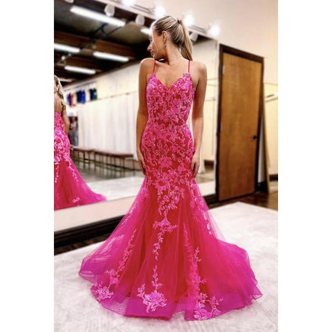 Vestido elegante de sirena para fiesta de noche, graduación y baile de graduación con escote en V y apliques de encaje