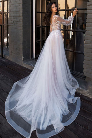 Chic Long A-line V-neck Tulle Lace Chapel Train Wedding Dress with Sleeves