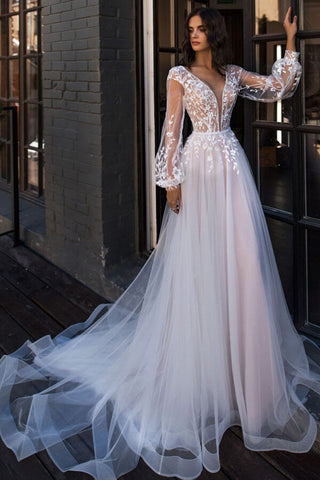 Chic Long A-line V-neck Tulle Lace Chapel Train Wedding Dress with Sleeves