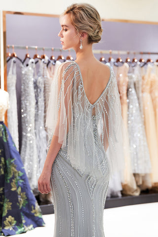 Chic Long Mermaid Jewel Tulle Beading Prom Dress with Sleeves