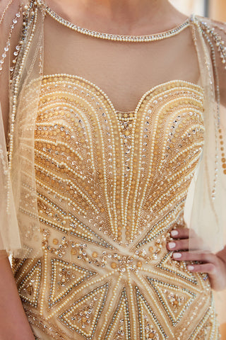 Chic Long Mermaid Jewel Tulle Beading Prom Dress with Sleeves