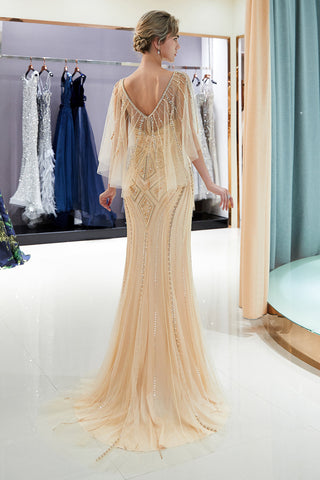 Chic Long Mermaid Jewel Tulle Beading Prom Dress with Sleeves