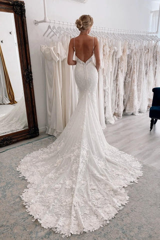 Chic Long Mermaid Sweetheart Sleeveless Spaghetti Straps Lace Backless Wedding Dresses