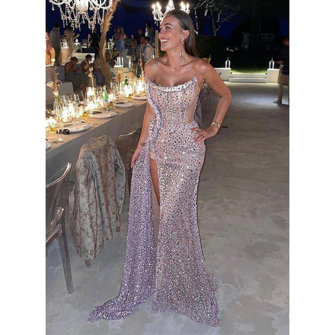 Robe de soirée longue transparente, bustier, perlée, chic et luxueuse 