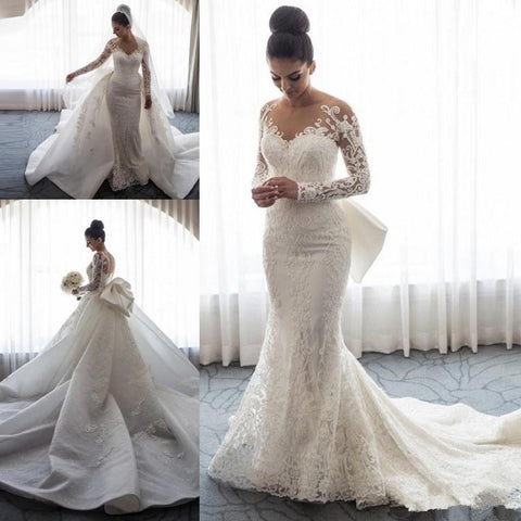 Chic Mermaid Lace Long Sleeves Wedding Dress With Detachable Train