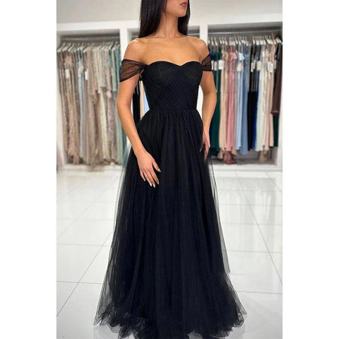 Vestido de fiesta largo de tul negro con tirantes finos, corte A y hombros descubiertos, elegante y moderno 