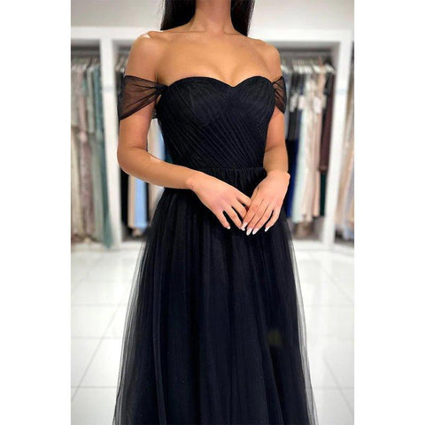 Vestido de fiesta largo de tul negro con tirantes finos, corte A y hombros descubiertos, elegante y moderno 