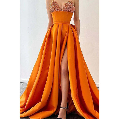 Vestido de noche largo elegante y moderno con escote en V, tirantes de cuentas y corte A 