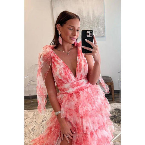 Vestido de noche largo elegante y moderno con escote en V, lazo en la cintura y corte A 