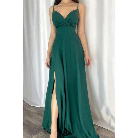 Robe de bal longue chic et moderne à bretelles spaghetti et col en V 