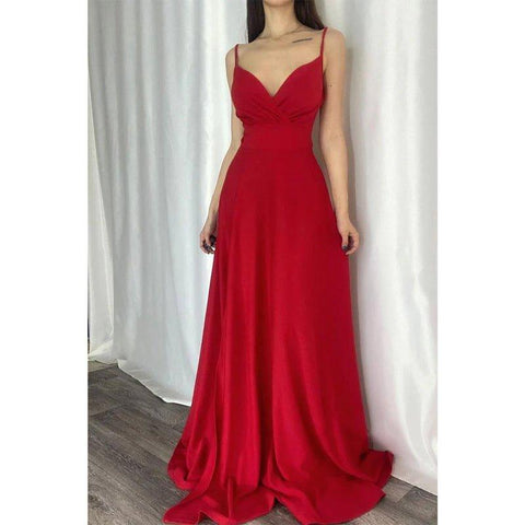 Robe de bal longue chic et moderne à bretelles spaghetti et col en V 