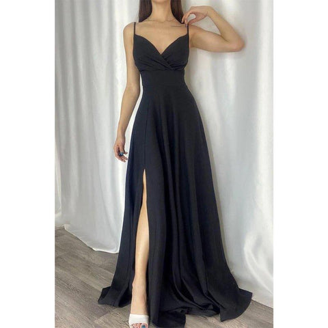 Robe de bal longue chic et moderne à bretelles spaghetti et col en V 