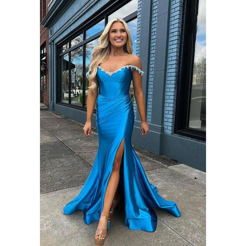 Vestido de fiesta de noche elegante y moderno, sin mangas, estilo sirena, con hombros descubiertos, abertura lateral y volantes.