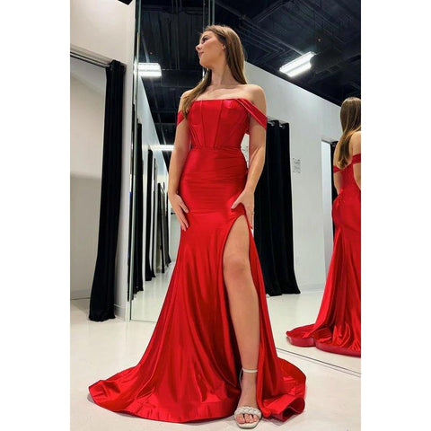 Vestido de fiesta de noche de satén, elegante y moderno, con hombros descubiertos y mangas cortas, estilo sirena.