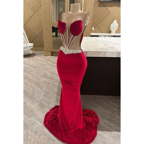 Vestido de fiesta de noche estilo sirena, elegante y moderno, sexy, sin mangas, con hombros descubiertos y pedrería