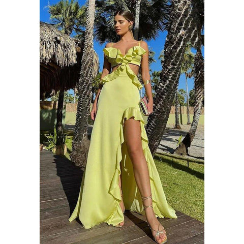 Robe de soirée chic et moderne à bretelles spaghetti, col en V, coupe trapèze, dos nu