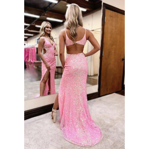 Vestido de fiesta elegante y moderno con tirantes finos, escote en V, espalda descubierta, abertura y lentejuelas