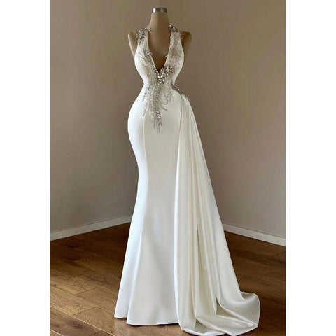 Vestido de noche largo con escote en V y cuentas, elegante y moderno 