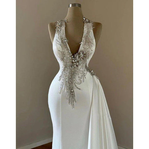 Vestido de noche largo con escote en V y cuentas, elegante y moderno 