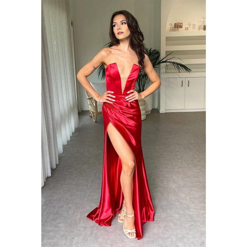 Vestido de fiesta largo de satén plisado con escote en V, elegante y moderno 