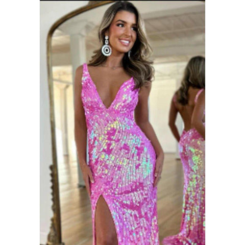 Vestido elegante y moderno de noche, fiesta, graduación, con escote en V, brillante, sin mangas, corte tubo, abertura lateral