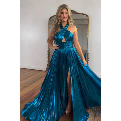 Vestido elegante moderno de fiesta de graduación con cuello halter, sin mangas, fruncido, abertura lateral, corte A largo