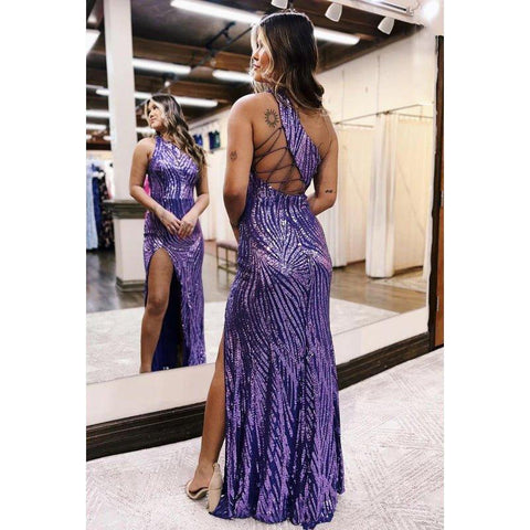 Vestido elegante y moderno de fiesta de noche, sin mangas, con un hombro al descubierto y abertura lateral en la espalda