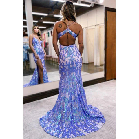 Vestido de fiesta elegante y moderno con escote en V y tirantes finos, sirena con abertura