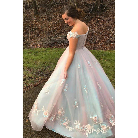 Vestido de fiesta largo elegante con hombros descubiertos, corte A, apliques de tul y vestidos de noche formales 