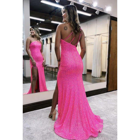 Vestido elegante de fiesta de sirena con un solo hombro, sin mangas, lentejuelas, abertura lateral y corte sirena