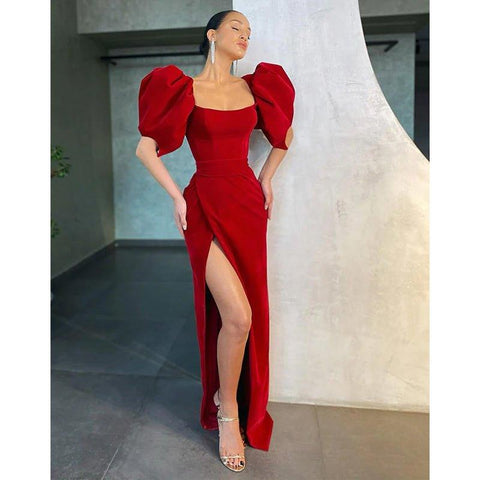 Robe de soirée vintage chic à manches bouffantes et fente 