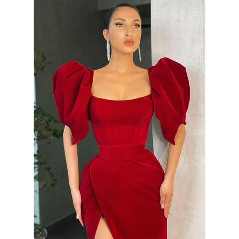 Robe de soirée vintage chic à manches bouffantes et fente 